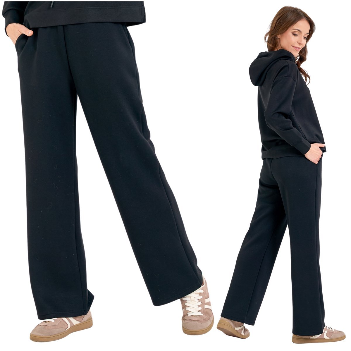 SZEROKIE SPODNIE DRESOWE DAMSKIE Z KIESZENIAMI GŁADKIE WYGODNE MORAJ M