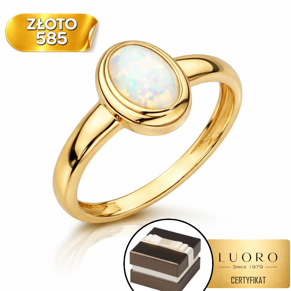 PIERŚCIONEK ZŁOTY 585 14K OVALNY OPAL GŁADKA OPRAWA R17