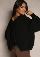 Swetry damskie - Czarny Kardigan z Wełną o Kroju Oversize z Wiązanymi Kokardami Elearina - miniaturka - grafika 1