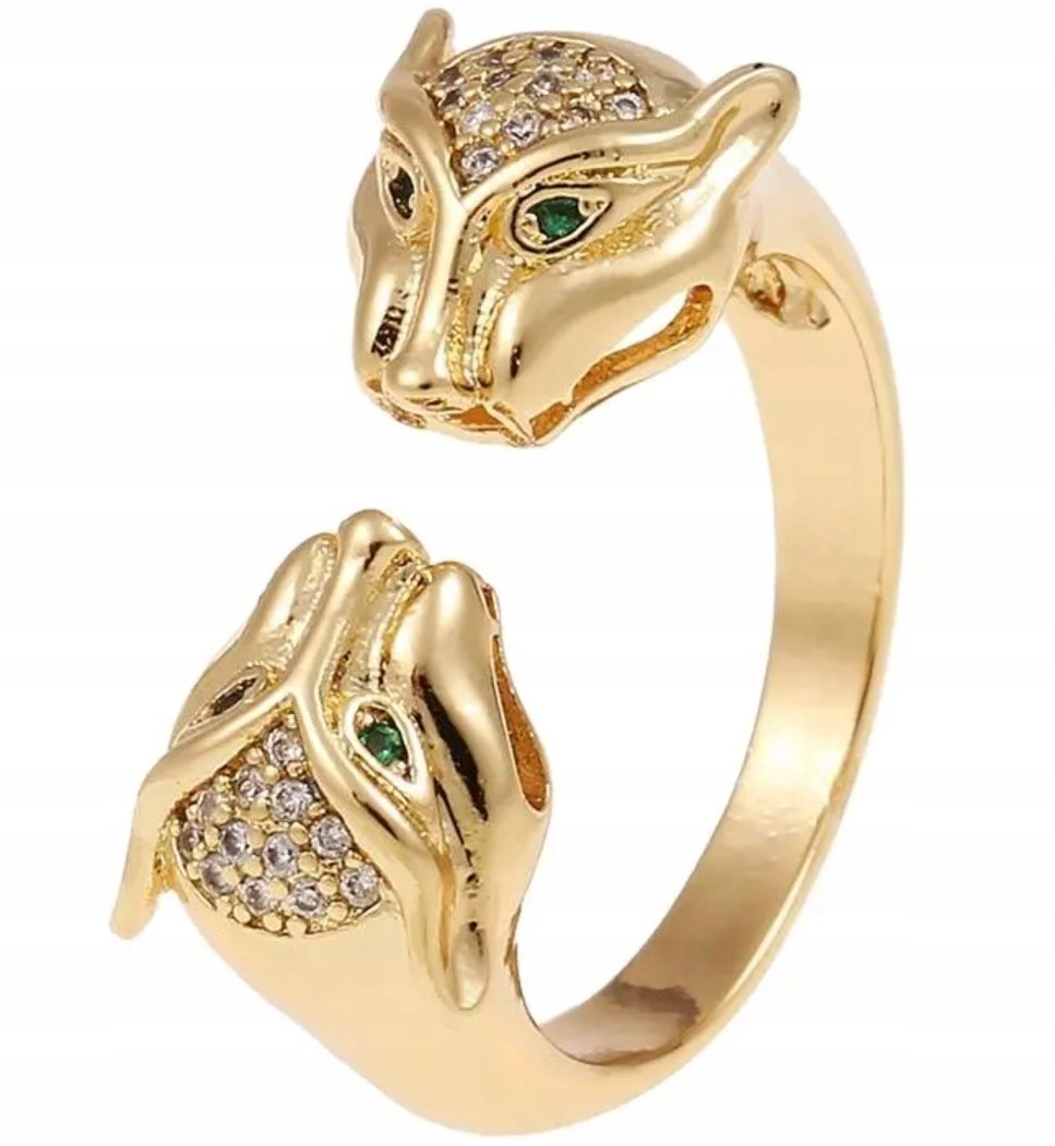 Złoty Pierścionek Koty Cyrkonie Cat Heads Stal Chirurgiczna Regulowany
