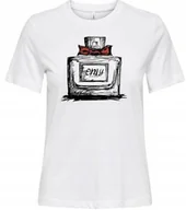 Koszulki i topy damskie - ONLY BIAŁY T-SHIRT Z NADRUKIEM BUTELKI PERFUM I CZERWONĄ KOKARDĄ S JPA - miniaturka - grafika 1