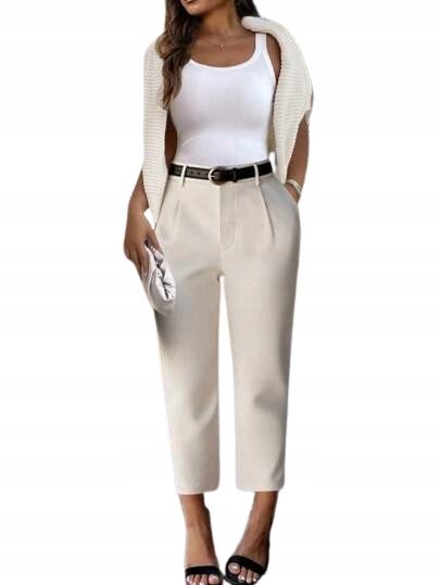 SHEIN ELEGANCKIE SPODNIE CYGARETKI Z WYSOKIM PASEM KREMOWE PLUS SIZE 52 1JC