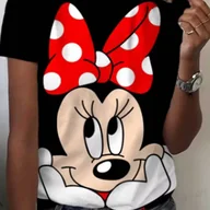 Bluzki damskie - TEMU Disney Licencjonowana Czarna Koszulka z Grafiką Myszki Mickey dla Kobiet - Krótki Rękaw, Okrągły Dekolt, Czerwono-Biała Kokardka w , Oddychająca - miniaturka - grafika 1