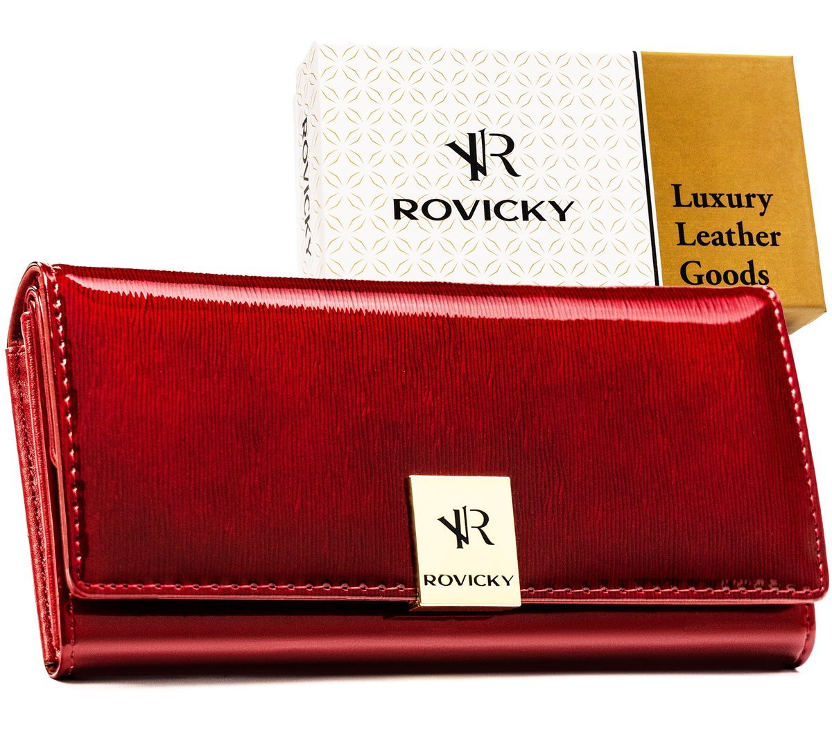 Lakierowany portfel damski ROVICKY skórzany rfid stop na zatrzask rozbudowany elegancki czerwony
