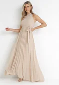 Sukienki - Beżowa Plisowana Sukienka Maxi z Gumką w Pasie i Rozkloszowanym Dołem Tehe - miniaturka - grafika 1