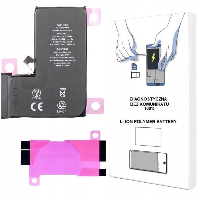 BATERIA DO iPHONE 15 PRO 3274 mAh DIAGNOSTYCZNA BEZ KOMUNIKATU ŚWIEŻA 100%