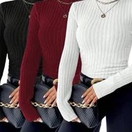 Bluzki damskie - TEMU 3 szt. Damskie Bluzki z Golfem - Casual, Jednokolorowe Koszulki z Żebrowanym Fasonem i Lekkim Rozciągliwością, Do Prania w Pralce, - miniaturka - grafika 1