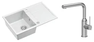 Zlewozmywaki z baterią - Quadron Unique Zlewozmywak granitowy jednokomorowy 78*50*22 cm z ociekaczem MORGAN 111 SNOW WHITE z syfonem Push-2-Open w kolorze stalowym z baterią ANGELINA Q LINE z wyciąganą wylewką kolor stal szczotkowana - miniaturka - grafika 1