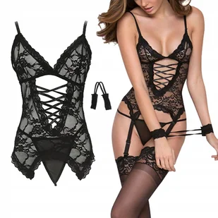 ZMYSŁOWY KOMPLET BIELIZNA DAMSKA ZESTAW BODY KORONKA KOSZULKA STRINGI - Komplety bielizny - miniaturka - grafika 1