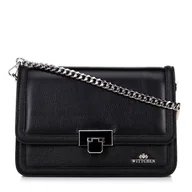 Torebki damskie - Skórzana torebka crossbody z łańcuszkiem czarno - srebrna - miniaturka - grafika 1