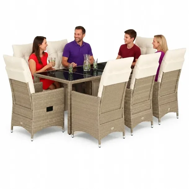 Zestaw bistro ogrodowy z 8 krzesłami i stołem, beżowy, rattan PE, 190x90