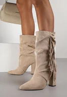 Botki damskie - Ciemnobeżowe Botki Kowbojki na Słupku z Frędzlami Reisetia - miniaturka - grafika 1
