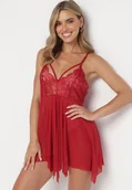 Bielizna nocna - Bordowa Koronkowa Koszula Nocna z Trójkątnym Dekoltem z Paseczkami oraz Stringami Anjika - miniaturka - grafika 1