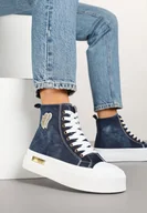 Trampki damskie - Granatowe Trampki na Platformie z Wysoką Cholewką z Haftem z Brokatem Elanitha - miniaturka - grafika 1