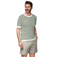 Koszulki męskie - Męski dzianinowy tshirt w paski z splotem oliwkowo-biały V3 OM-TSCT-0255 XL - miniaturka - grafika 1
