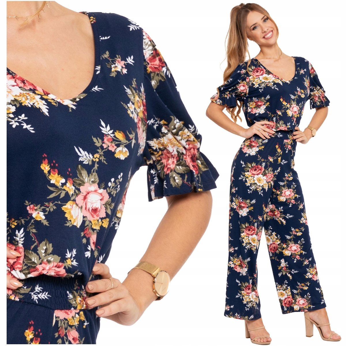 Kombinezon Damski Długie Szerokie Spodnie Krótki Rękaw Letni Wzór S MORAJ