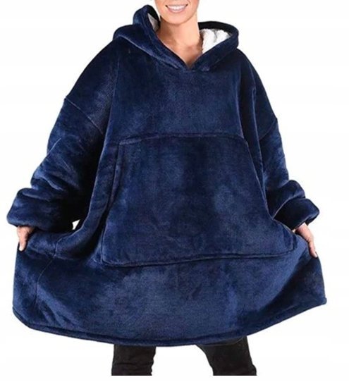 Ciepła Bluza Oversize XXL Koc Szlafrok bluza z kapturem bluzokoc 2w1 granat