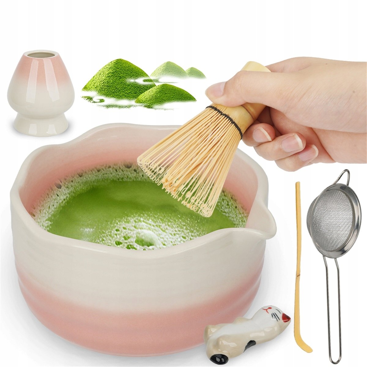 Zestaw Narzędzi Do Matcha Różowy Ceramiczny Z Kotem Stojakiem