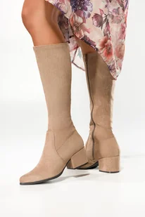 Beżowe kozaki damskie Sergio Leone na niskim obcasie z elastyczną cholewką KZ212-CA - Kozaki damskie - miniaturka - grafika 1