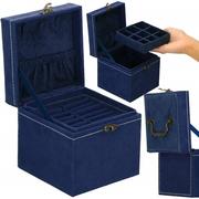 Pudełka i szkatułki - Szkatułka Na Biżuterię 12X12X12 Cm Granatowy Kuferek Z Przegródkami Welurowy - miniaturka - grafika 1