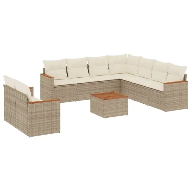Zestaw wypoczynkowy rattan PE beżowy 62x62x69 cm - 10 poduszek - stolik 55