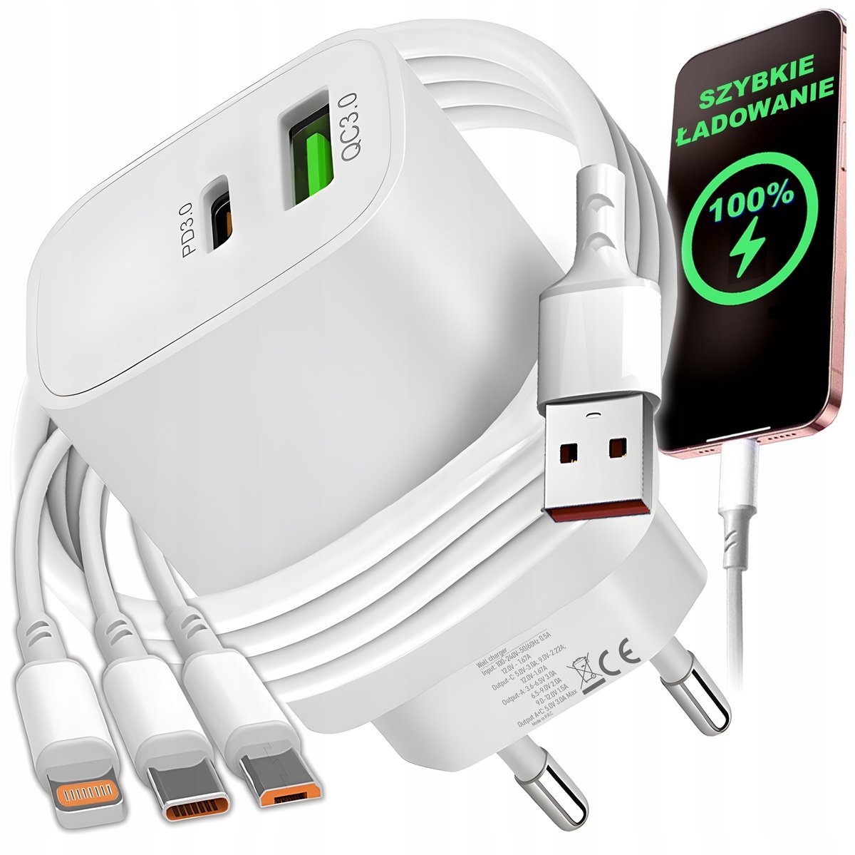 Szybka Ładowarka Do Telefonu 20W 3000Ma Usb I Usb-C + Kabel 3W1 Do Iphone