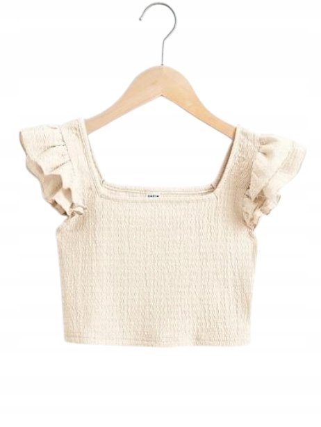 SHEIN KREMOWY TOP Z PRĄŻKOWANEJ DZIANINY Z FALBANKAMI 134-140 21HA