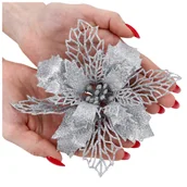 Ozdoby bożonarodzeniowe - Gwiazda Betlejemska Poinsecja Brokatowa Srebrna - miniaturka - grafika 1