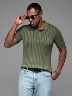 Męska koszulka polo z wiskozą SLIM FIT w pionowy prążek oliwkowa V4 OM-POSS-0143 XXL - Koszulki męskie - miniaturka - grafika 1