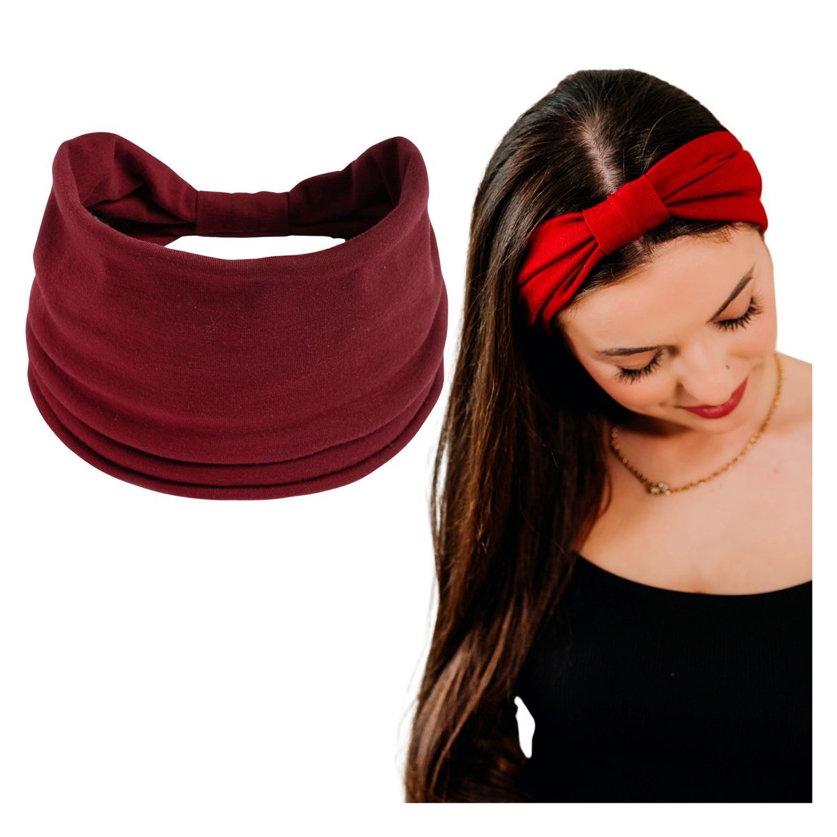 Opaska do Włosów Bordowa Turban na Głowę Szeroka Elastyczna MIŁA W DOTYKU