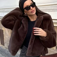 Kurtki damskie - TEMU Kobieca Przytulna Kurtka z Sztucznego - Pluszowy Długi Rękaw, Gruby Zimowy Płaszcz z Kołnierzykiem, Brązowy, Idealny na Codzień i do Biura, - miniaturka - grafika 1