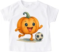 Koszulki dla dziewczynek - Biała koszulka na Dzień Dyni z dynią grającą w piłkę - wzór dynia63 - miniaturka - grafika 1