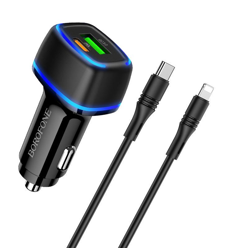 Borofone Ładowarka samochodowa BZ14A Mercury - USB + USB-C - QC 3.0 PD 20W 3A z kablem USB-C na Lightning czarna