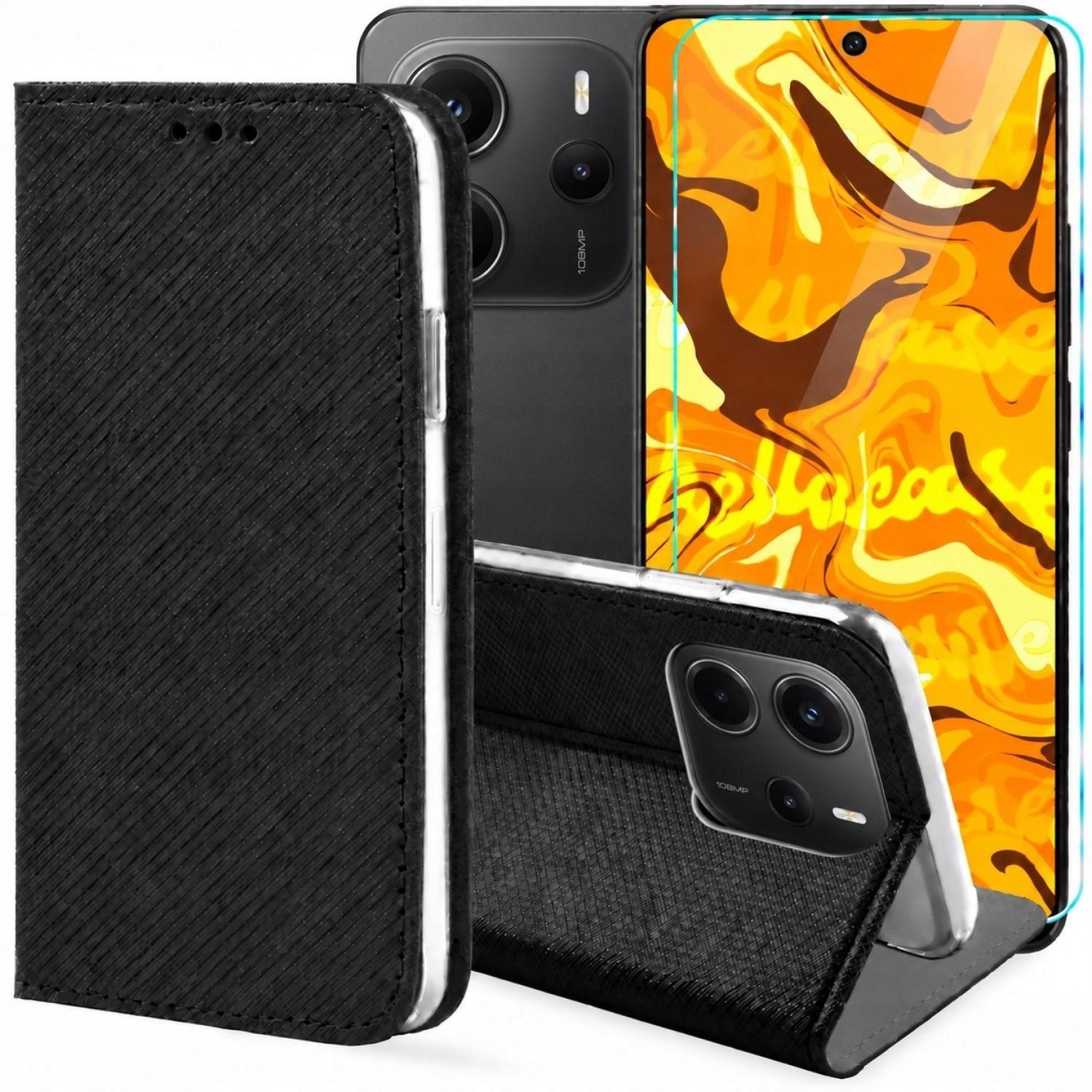 Hello Case Etui z Klapką Do Xiaomi Redmi Note 14 4G Czarne, Zamykane, Kabura Szkło BNDL5358
