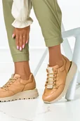 Półbuty damskie - Beżowe sneakersy na koturnie buty sportowe sznurowane POLSKA SKÓRA Casu 7128 - miniaturka - grafika 1