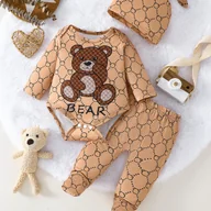Dresy i komplety dla chłopców - TEMU dla niemowlaka: pajacyk w paski z motywem misia + długie spodnie + czapeczka, idealny na wiosnę i jesień, doskonały do raczkowania i wyjść, na - miniaturka - grafika 1