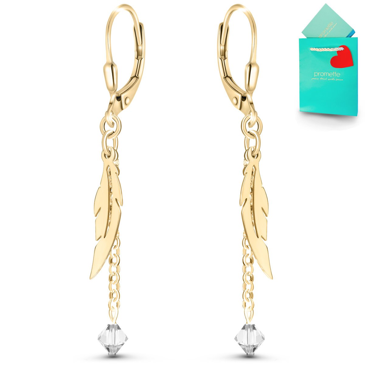 Kolczyki srebrne pozłacane wiszące długie złote piórko kryształ srebro 925