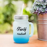 Kubki - Kubek Mason Jar z uszkiem z mrożonego szkła z błękitnym dnem z Twoim nadrukiem - miniaturka - grafika 1