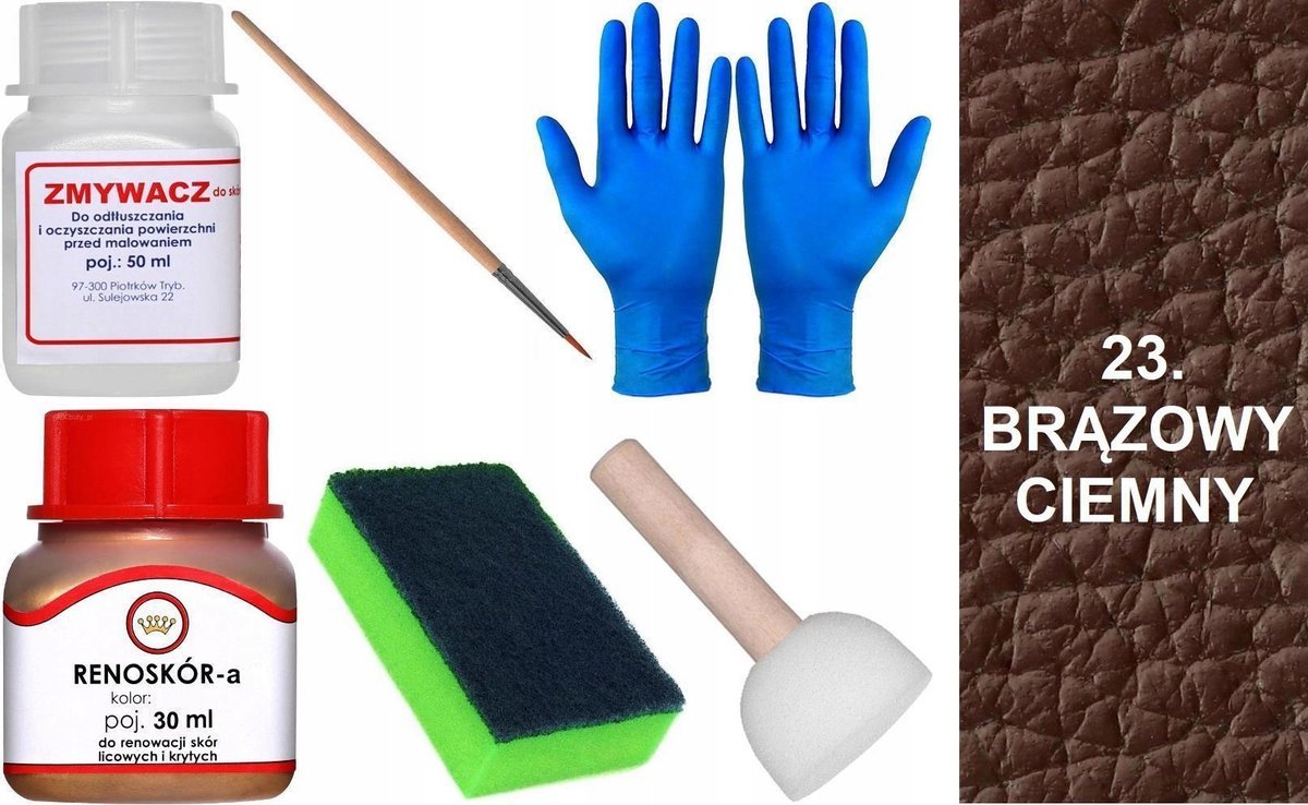 BRĄZOWY CIEMNY 23 Renoskór ZESTAW DO RENOWACJI SKÓRY LICOWEJ Farba Zmywacz