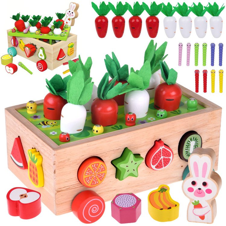 Drewniany Wózek Montessori z Zabawką Układanką dla Dzieci