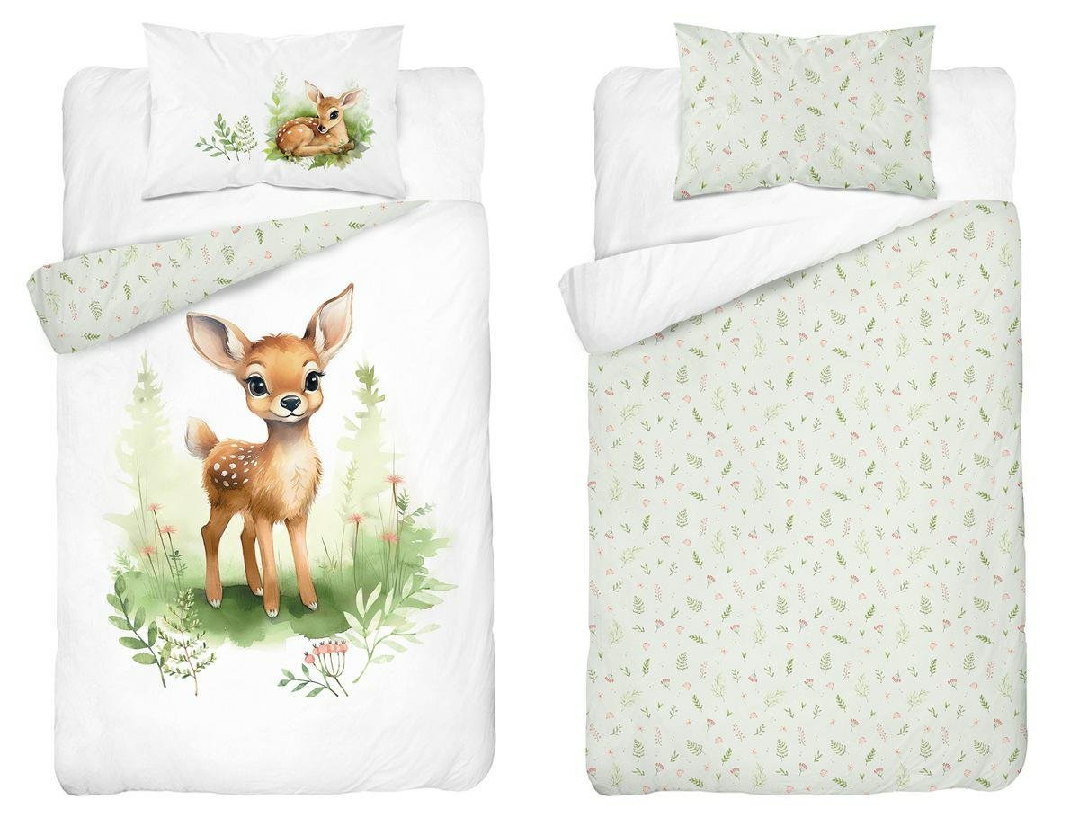 Pościel bambusowa dziecięca 100x135 biała i miętowa z jelonkiem Baby Bamboo