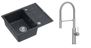 Quadron Unique Zlewozmywak granitowy jednokomorowy 62*50*22 cm z ociekaczem MORGAN 116 BLACK DIAMOND z syfonem Push-2-Open w kolorze stalowym z baterią MARILYN Q LINE z ruchomą wylewką kolor Stal szczotkowana - Zlewozmywaki z baterią - miniaturka - grafika 1
