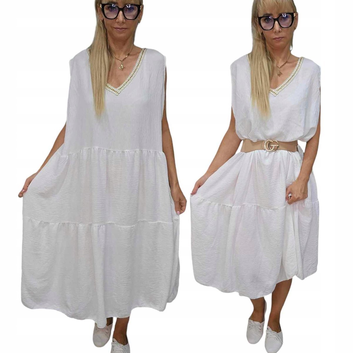 Elegancka Sukienka Midi Bez Rękawków Falbana Złoty Haft v 54 56 7xl 8xl