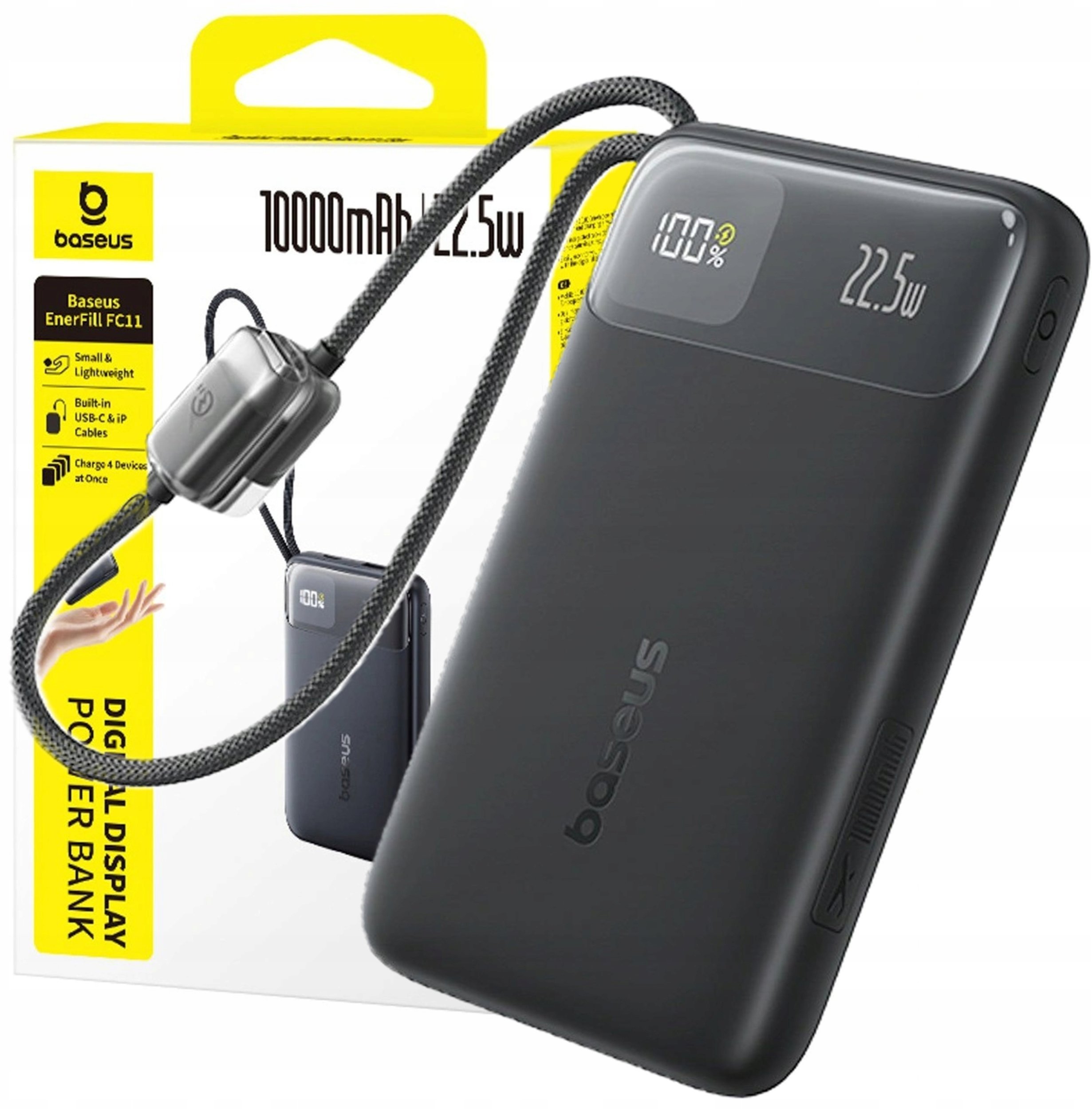 Powerbank Baseus Powerbank Baseus EnerFill FC11 10000mAh 22.5W z wyświetlaczem cyfrowym i dwoma wbudowanymi kablami - czarny
