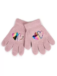 Rękawiczki Dziewczęce Pięciopalczaste Różowe Z Hologramem Sercami 18 Cm - Rękawiczki dla dzieci - miniaturka - grafika 1