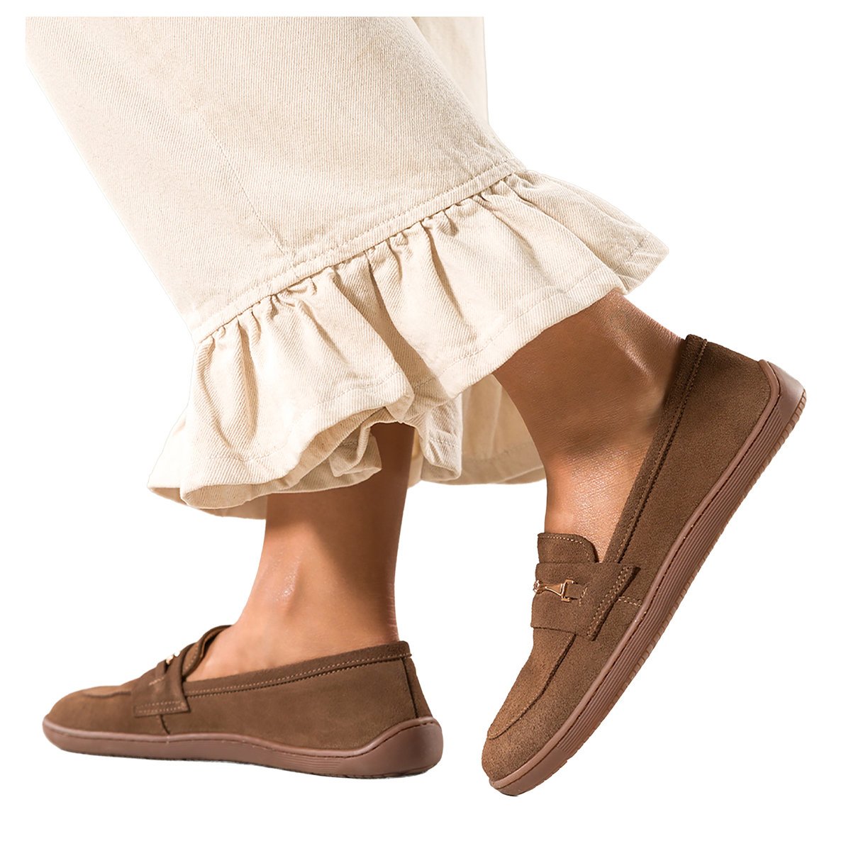 Brązowe mokasyny barefoot skórzane damskie szerokie na elastycznej płaskiej podeszwie złota sprzączka PRODUKT POLSKI Casu 677-8-41