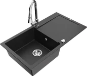 Zlewozmywaki z baterią - Mexen Leo zlewozmywak granitowy 1-komorowy z ociekaczem i baterią kuchenną Elia, czarny/srebrny metalik - 6501-73-670101-00 - miniaturka - grafika 1