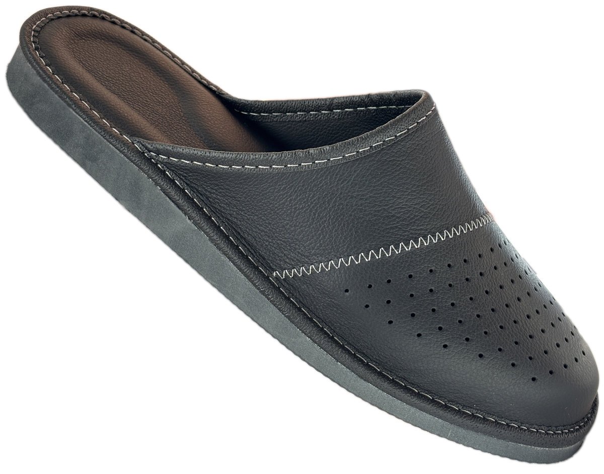 Kapcie Męskie Skórzane Premium Pantofle Klapki PIOMAT Czarne Domowe Laczki Ciapy 41 (40-46)