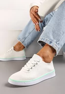 Trampki damskie - Beżowo-Zielone Sznurowane Tenisówki z Ozdobną Taśmą na Tyle i Perforacją Kavinna - miniaturka - grafika 1