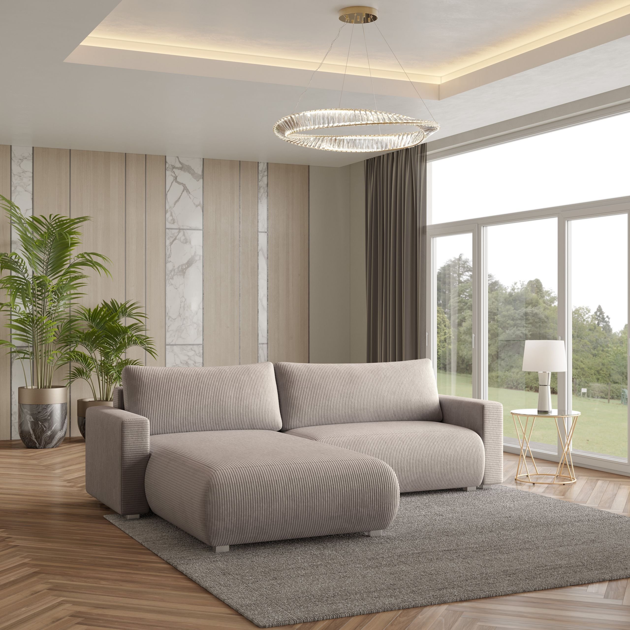 Masseno Narożnik TURIN P z funkcją spania i pojemnikiem na pościel Kształt L, Rozkładana sofa, Rogówka - Beżowy, POSO 02